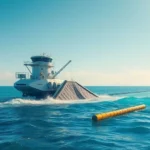 A futuristic ocean cleanup machine skimming