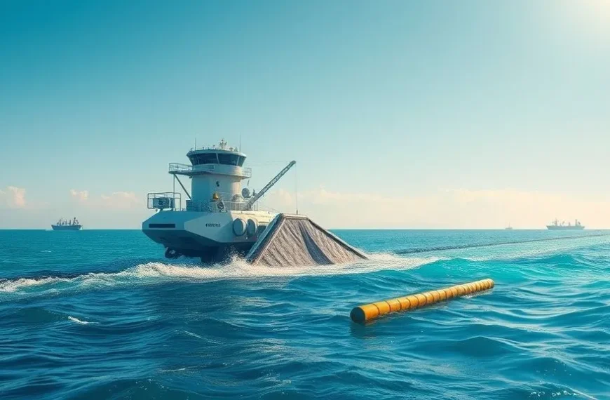 A futuristic ocean cleanup machine skimming